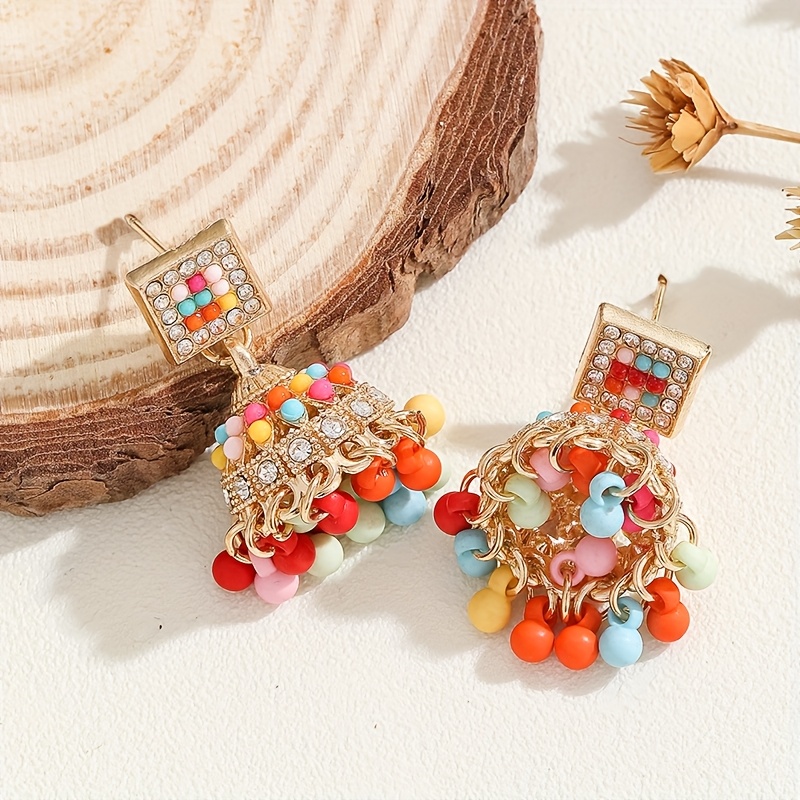 Stylish Jhumka Earrings with Square Designs and Rhinestones